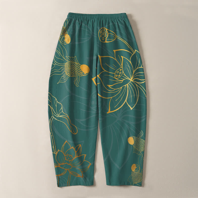 Buddha Stones Herrenhose aus reiner Baumwolle mit goldenem Lotus-Koi-Muster, Kordelzug und Taschen - image 3