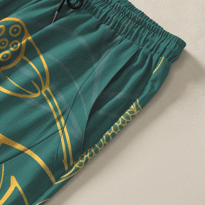 Buddha Stones Herrenhose aus reiner Baumwolle mit goldenem Lotus-Koi-Muster, Kordelzug und Taschen - image 4