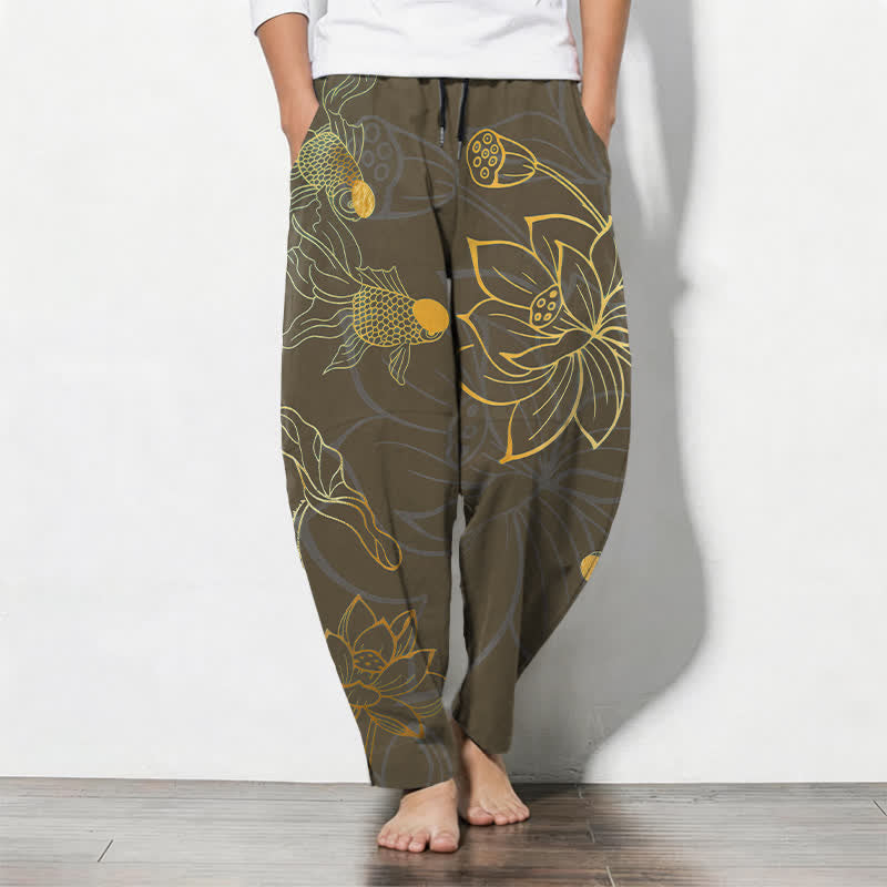 Buddha Stones Herrenhose aus reiner Baumwolle mit goldenem Lotus-Koi-Muster, Kordelzug und Taschen - Sattelbraun - US/UK/AU50, EU60 (5XL) - image 11