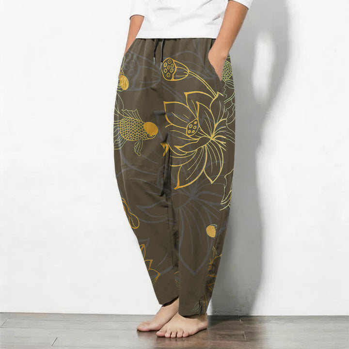 Buddha Stones Herrenhose aus reiner Baumwolle mit goldenem Lotus-Koi-Muster, Kordelzug und Taschen - image 12