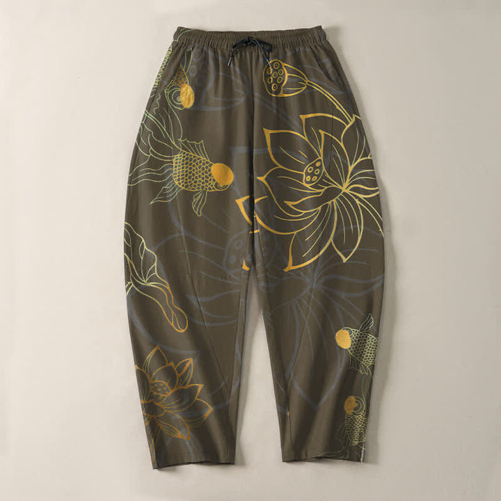 Buddha Stones Herrenhose aus reiner Baumwolle mit goldenem Lotus-Koi-Muster, Kordelzug und Taschen - image 13