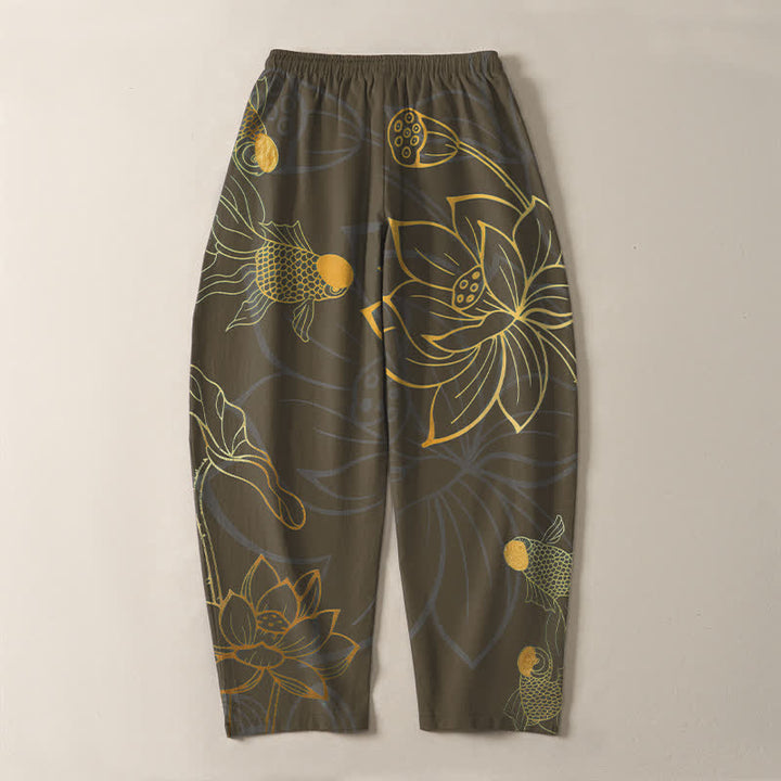 Buddha Stones Herrenhose aus reiner Baumwolle mit goldenem Lotus-Koi-Muster, Kordelzug und Taschen - image 14