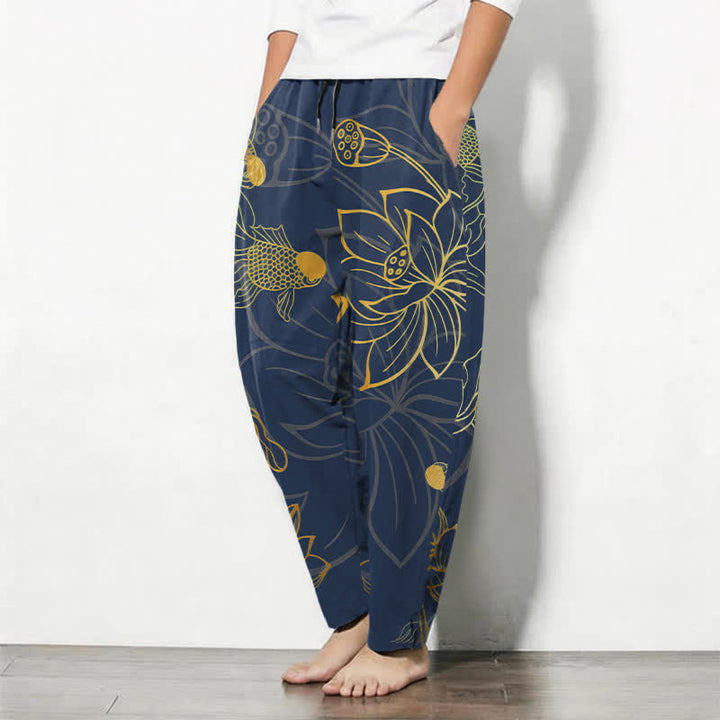 Buddha Stones Herrenhose aus reiner Baumwolle mit goldenem Lotus-Koi-Muster, Kordelzug und Taschen - image 8
