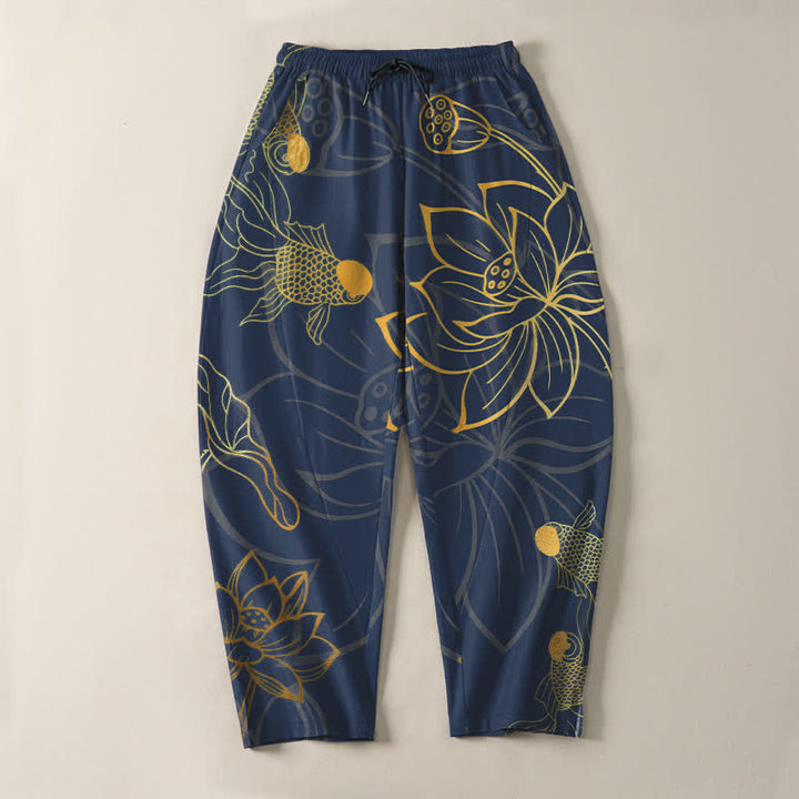 Buddha Stones Herrenhose aus reiner Baumwolle mit goldenem Lotus-Koi-Muster, Kordelzug und Taschen - image 9