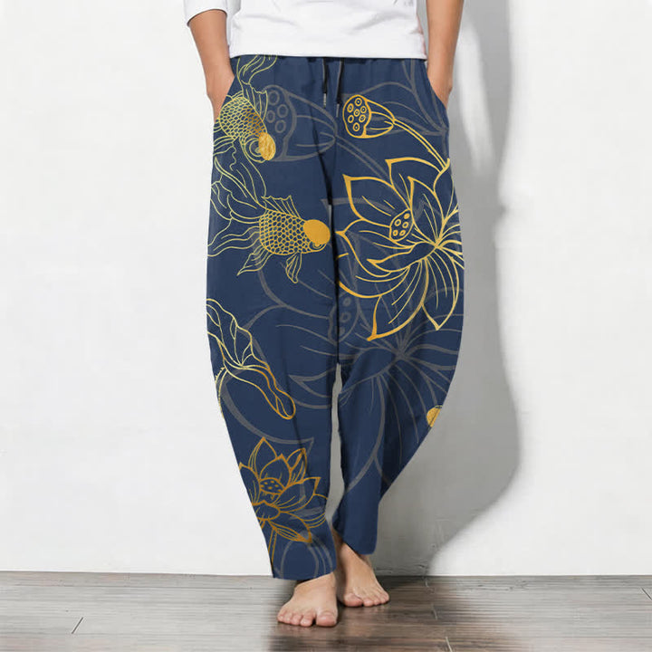 Buddha Stones Herrenhose aus reiner Baumwolle mit goldenem Lotus-Koi-Muster, Kordelzug und Taschen - Marine - US/UK/AU50, EU60 (5XL) - image 7