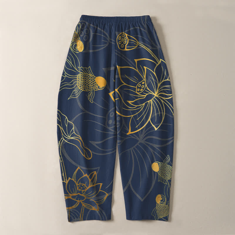 Buddha Stones Herrenhose aus reiner Baumwolle mit goldenem Lotus-Koi-Muster, Kordelzug und Taschen - image 10