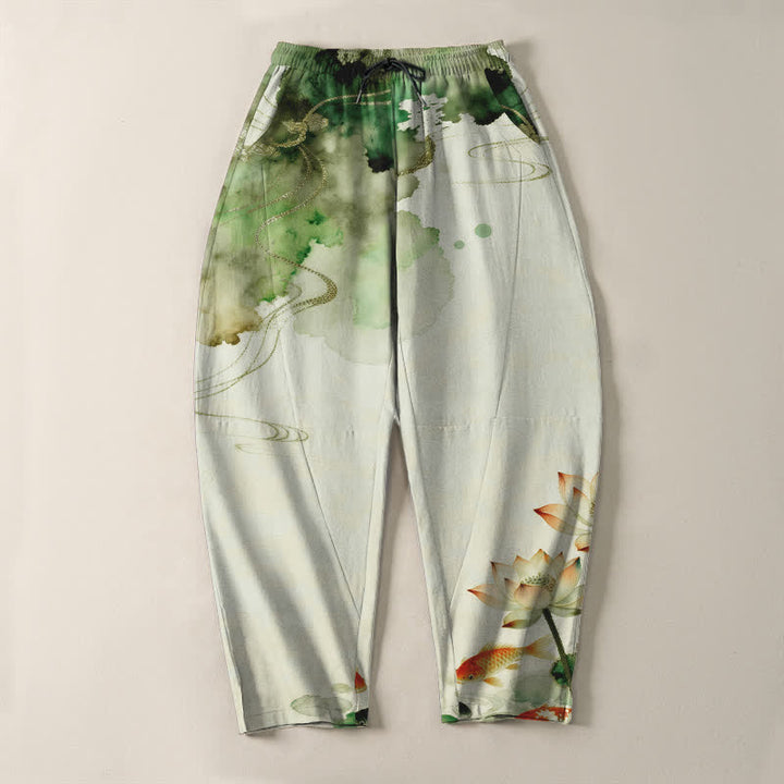 Buddha Stones Herrenhose aus reiner Baumwolle mit Lotus-Koi-Tintenwaschmuster, Kordelzug und Taschen - image 2