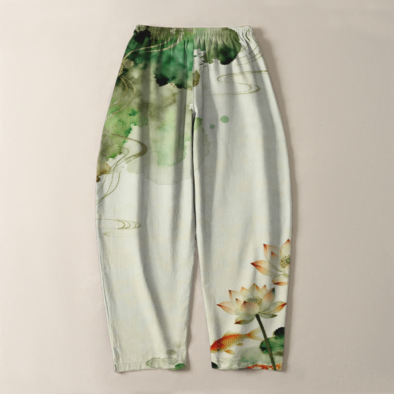 Buddha Stones Herrenhose aus reiner Baumwolle mit Lotus-Koi-Tintenwaschmuster, Kordelzug und Taschen - image 3