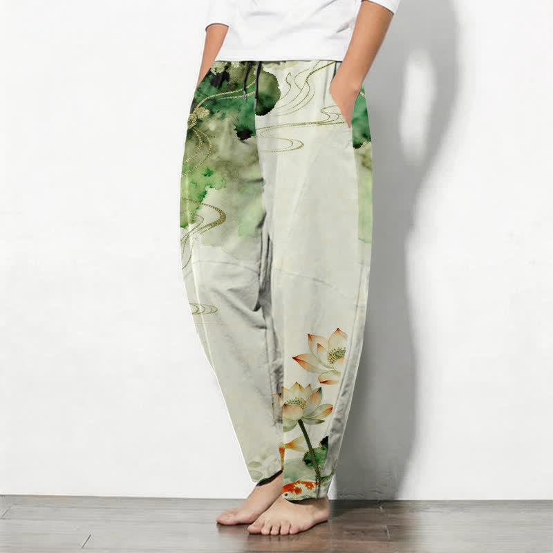 Buddha Stones Herrenhose aus reiner Baumwolle mit Lotus-Koi-Tintenwaschmuster, Kordelzug und Taschen - image 1