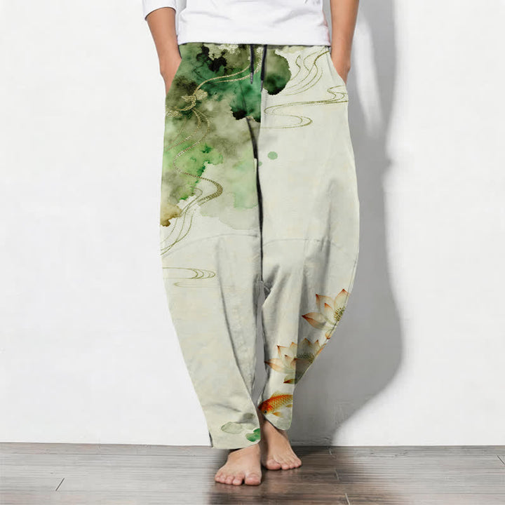Buddha Stones Herrenhose aus reiner Baumwolle mit Lotus-Koi-Tintenwaschmuster, Kordelzug und Taschen - Honigmelone - US/UK/AU50, EU60 (5XL) - image 0