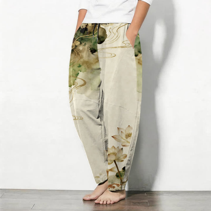 Buddha Stones Herrenhose aus reiner Baumwolle mit Lotus-Koi-Tintenwaschmuster, Kordelzug und Taschen - image 8