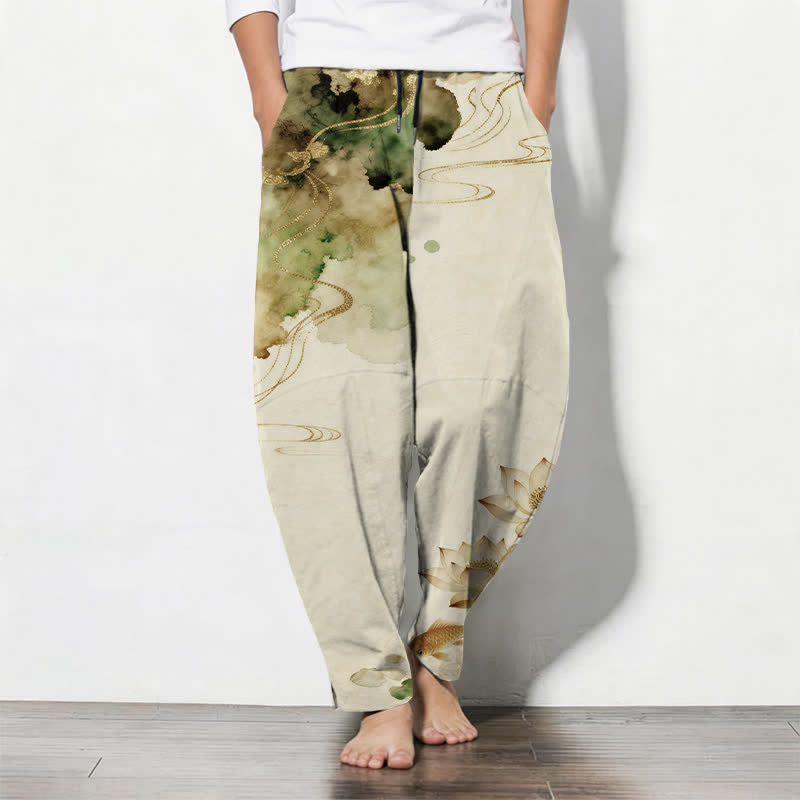 Buddha Stones Herrenhose aus reiner Baumwolle mit Lotus-Koi-Tintenwaschmuster, Kordelzug und Taschen - Beige - US/UK/AU50, EU60 (5XL) - image 7