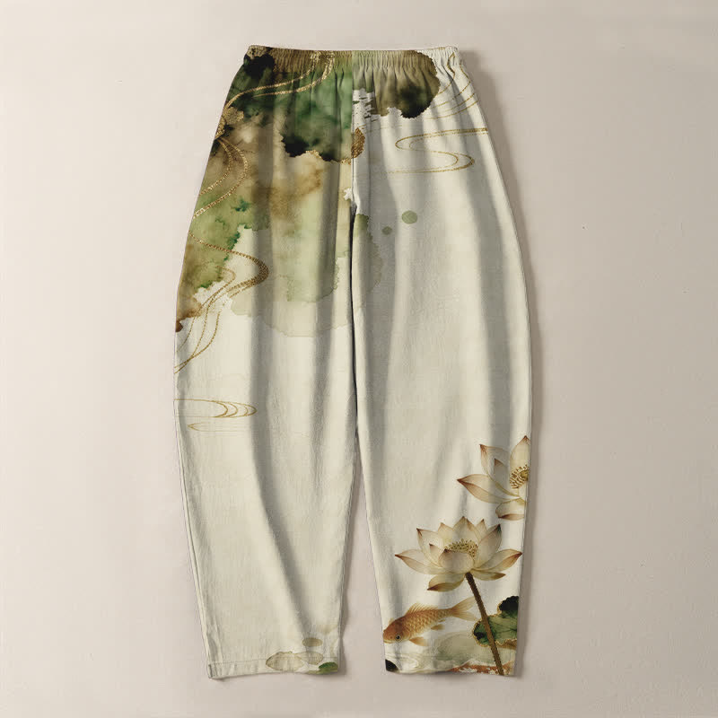 Buddha Stones Herrenhose aus reiner Baumwolle mit Lotus-Koi-Tintenwaschmuster, Kordelzug und Taschen - image 10