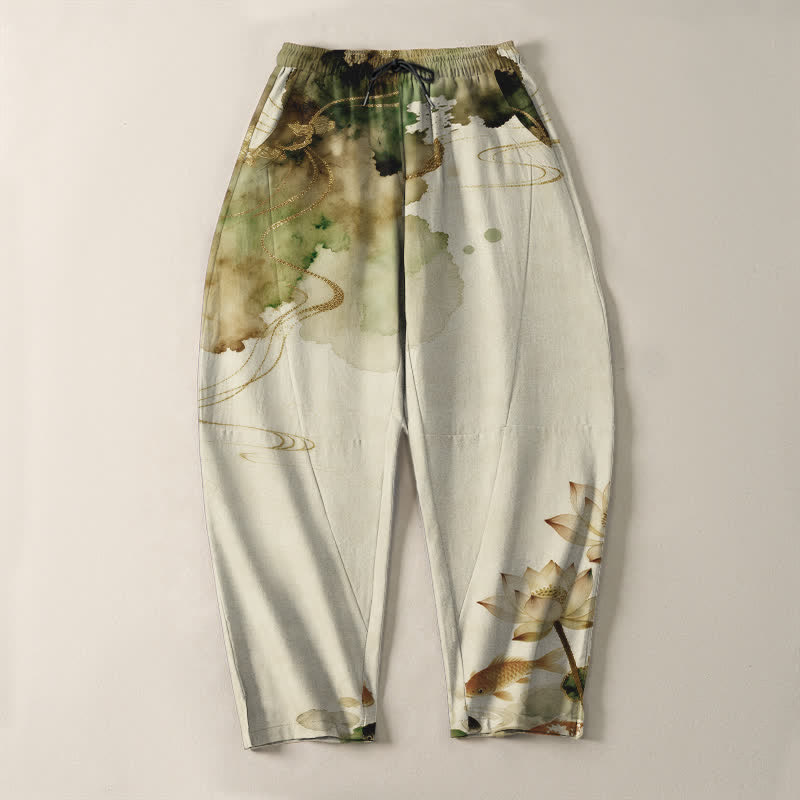 Buddha Stones Herrenhose aus reiner Baumwolle mit Lotus-Koi-Tintenwaschmuster, Kordelzug und Taschen - image 9