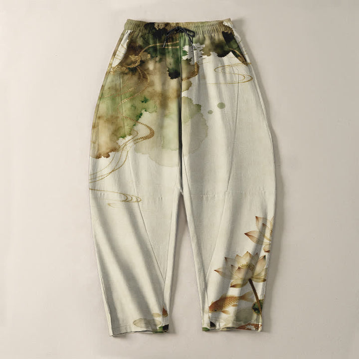 Buddha Stones Herrenhose aus reiner Baumwolle mit Lotus-Koi-Tintenwaschmuster, Kordelzug und Taschen - image 9