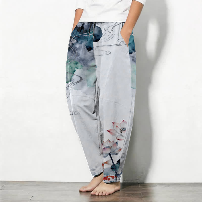 Buddha Stones Herrenhose aus reiner Baumwolle mit Lotus-Koi-Tintenwaschmuster, Kordelzug und Taschen - image 12