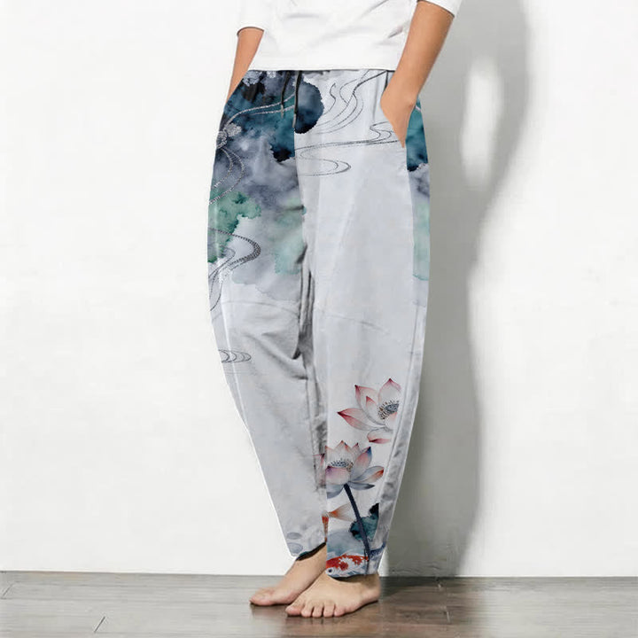 Buddha Stones Herrenhose aus reiner Baumwolle mit Lotus-Koi-Tintenwaschmuster, Kordelzug und Taschen - image 12