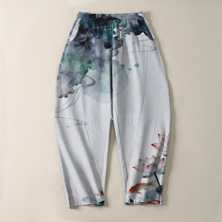 Buddha Stones Herrenhose aus reiner Baumwolle mit Lotus-Koi-Tintenwaschmuster, Kordelzug und Taschen - image 13