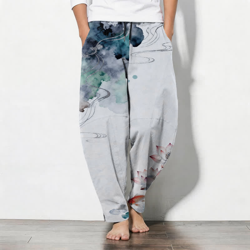 Buddha Stones Herrenhose aus reiner Baumwolle mit Lotus-Koi-Tintenwaschmuster, Kordelzug und Taschen - AliceBlue - US/UK/AU50, EU60 (5XL) - image 11