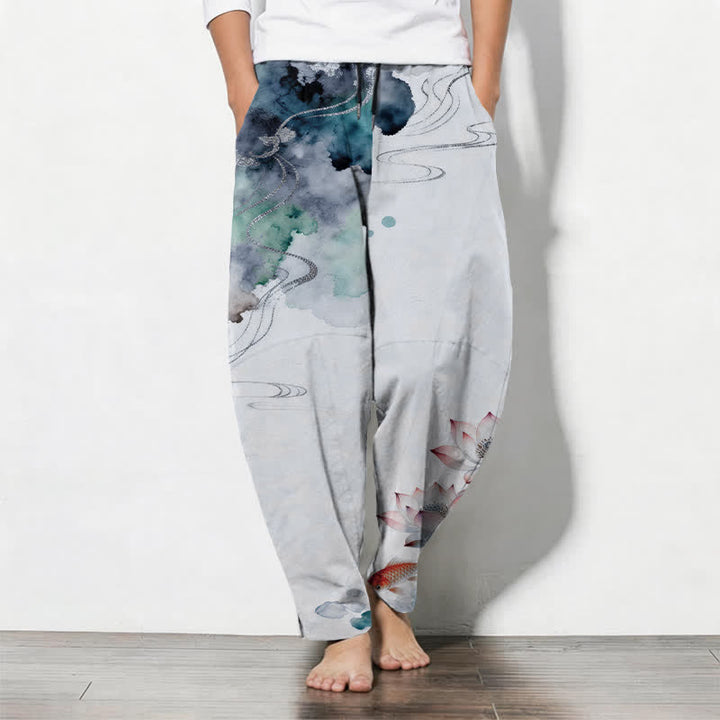 Buddha Stones Herrenhose aus reiner Baumwolle mit Lotus-Koi-Tintenwaschmuster, Kordelzug und Taschen - AliceBlue - US/UK/AU50, EU60 (5XL) - image 11