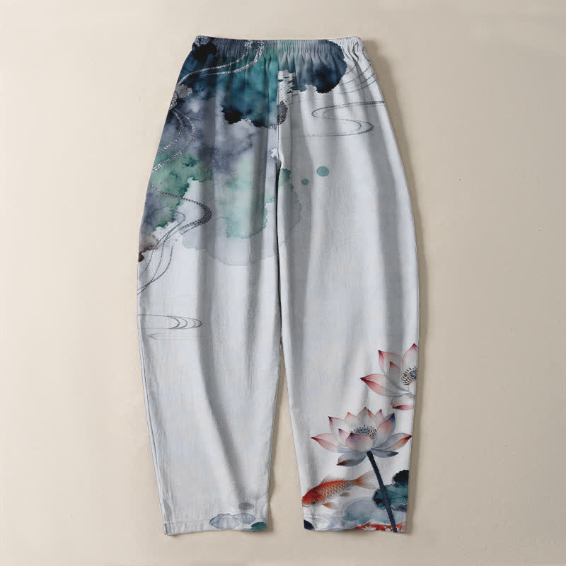 Buddha Stones Herrenhose aus reiner Baumwolle mit Lotus-Koi-Tintenwaschmuster, Kordelzug und Taschen - image 14