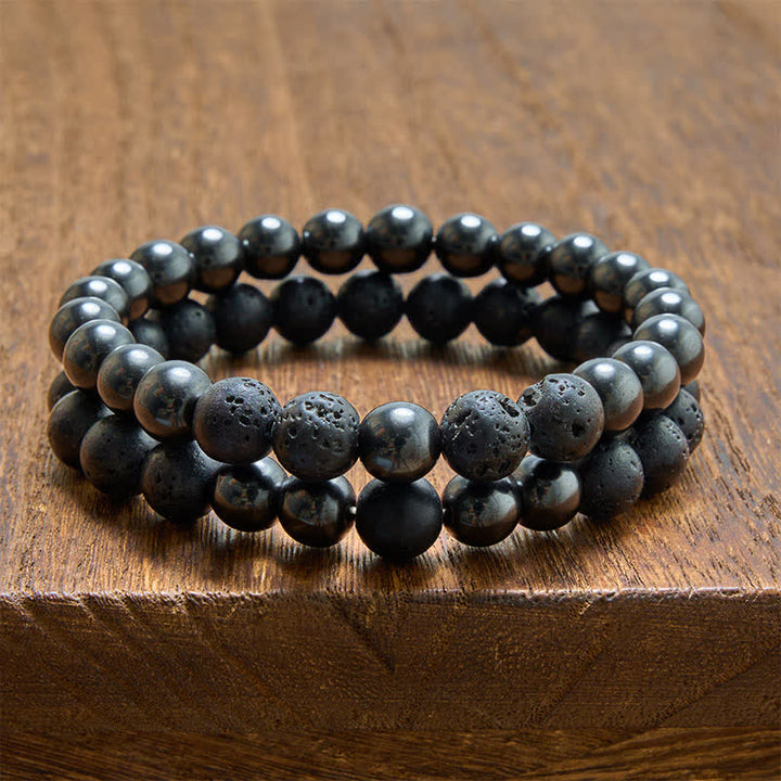 Buddha Stones Minimalistisches Perlenarmband aus Hämatit-Lavastein mit Erdungseffekt - Hämatit-Set (Handgelenkumfang: 15–16 cm) - image 0