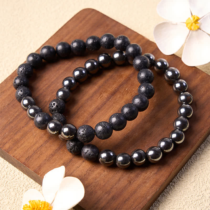Buddha Stones Minimalistisches Perlenarmband aus Hämatit-Lavastein mit Erdungseffekt - image 1