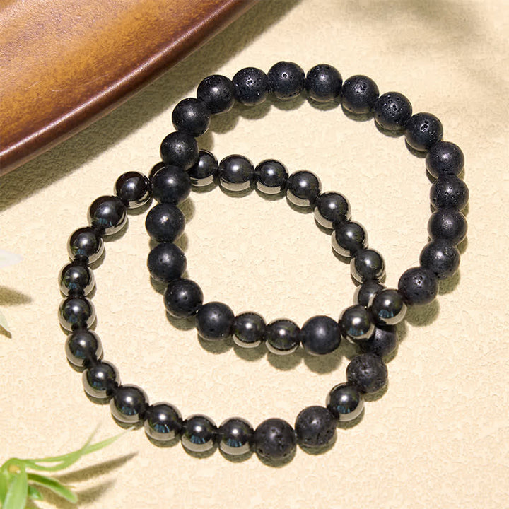 Buddha Stones Minimalistisches Perlenarmband aus Hämatit-Lavastein mit Erdungseffekt - image 3