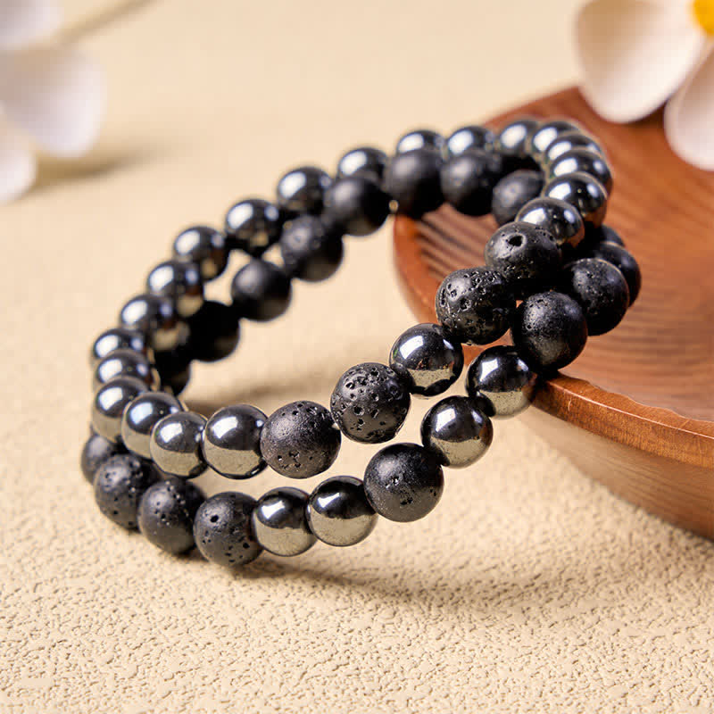 Buddha Stones Minimalistisches Perlenarmband aus Hämatit-Lavastein mit Erdungseffekt - image 2
