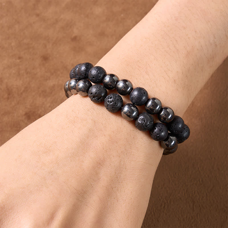Buddha Stones Minimalistisches Perlenarmband aus Hämatit-Lavastein mit Erdungseffekt - image 4