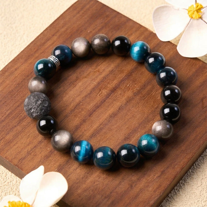 Buddha Stones Blaues Tigerauge-Silberglanz-Obsidian-Paar-Positives-Armband - image 1