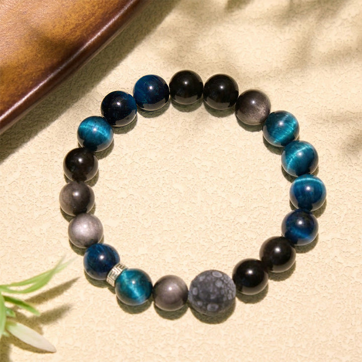 Buddha Stones Blaues Tigerauge-Silberglanz-Obsidian-Paar-Positives-Armband - image 2