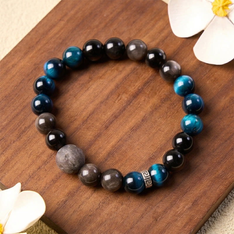 Buddha Stones Blaues Tigerauge-Silberglanz-Obsidian-Paar-Positives-Armband - image 9