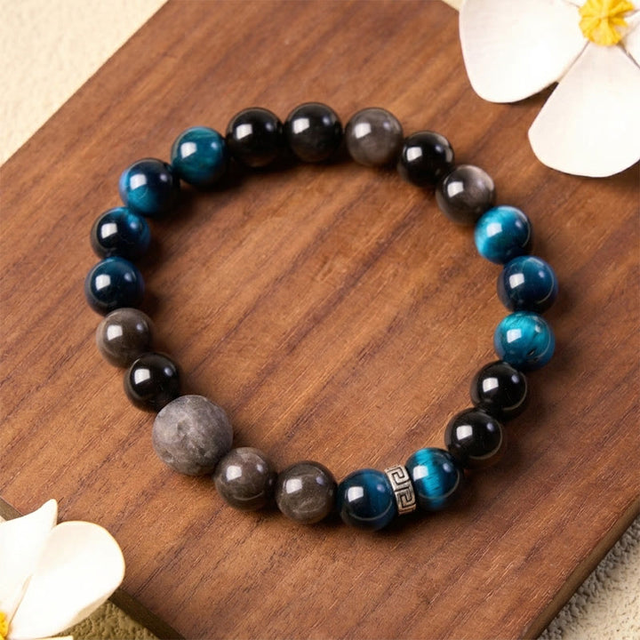 Buddha Stones Blaues Tigerauge-Silberglanz-Obsidian-Paar-Positives-Armband - image 9
