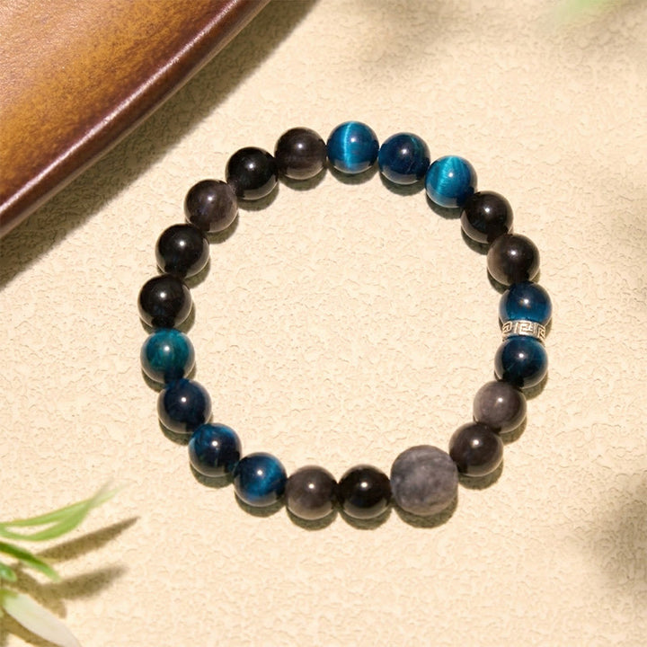 Buddha Stones Blaues Tigerauge-Silberglanz-Obsidian-Paar-Positives-Armband - image 10