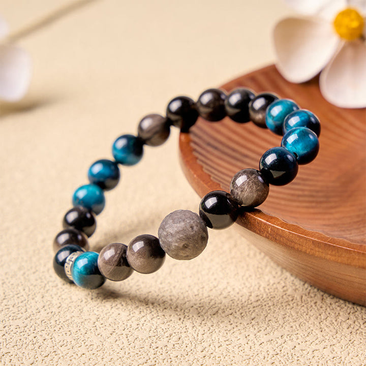 Buddha Stones Blaues Tigerauge-Silberglanz-Obsidian-Paar-Positives-Armband - 8 mm - image 8