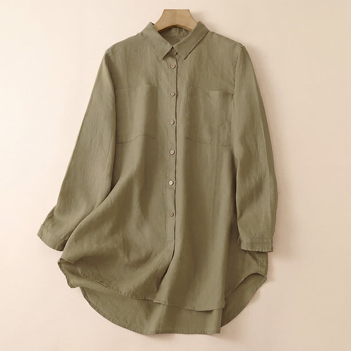 Buddha Stones Lässige, minimalistische Damenblusen mit Knopfleiste, langen Ärmeln und aufgesetzten Taschen für Frühling und Herbst - Dunkelkhaki - US8-10, UK/AU12-14, EU40-42 (2XL) - image 0