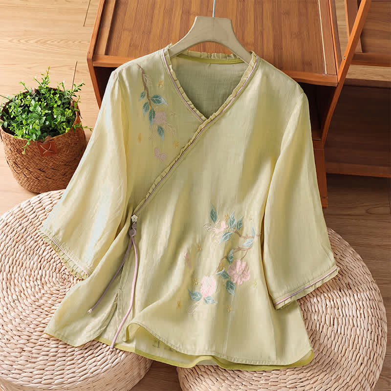Buddha Stones Sommerliche Damenbluse im Vintage-Stil mit floraler Blätterstickerei und Ellbogenlänge (Tang Style). - Blassgoldenrode - US8-10, UK/AU12-14, EU40-42 (2XL) - image 12