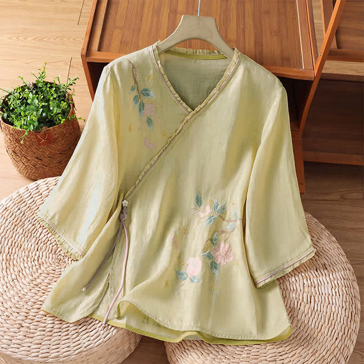 Buddha Stones Sommerliche Damenbluse im Vintage-Stil mit floraler Blätterstickerei und Ellbogenlänge (Tang Style). - Blassgoldenrode - US8-10, UK/AU12-14, EU40-42 (2XL) - image 12