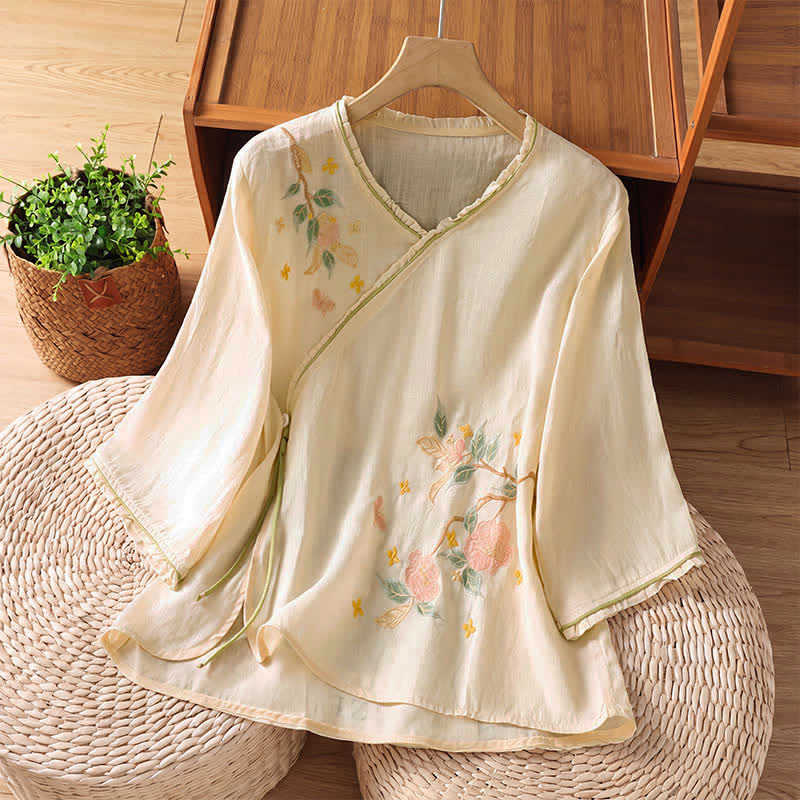 Buddha Stones Sommerliche Damenbluse im Vintage-Stil mit floraler Blätterstickerei und Ellbogenlänge (Tang Style). - Beige - US8-10, UK/AU12-14, EU40-42 (2XL) - image 0