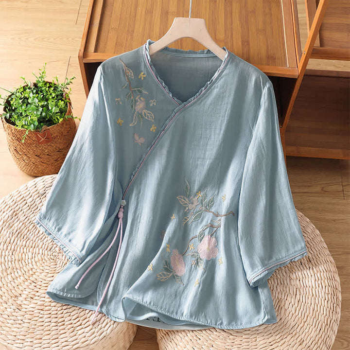 Buddha Stones Sommerliche Damenbluse im Vintage-Stil mit floraler Blätterstickerei und Ellbogenlänge (Tang Style). - Hellblau - US8-10, UK/AU12-14, EU40-42 (2XL) - image 18