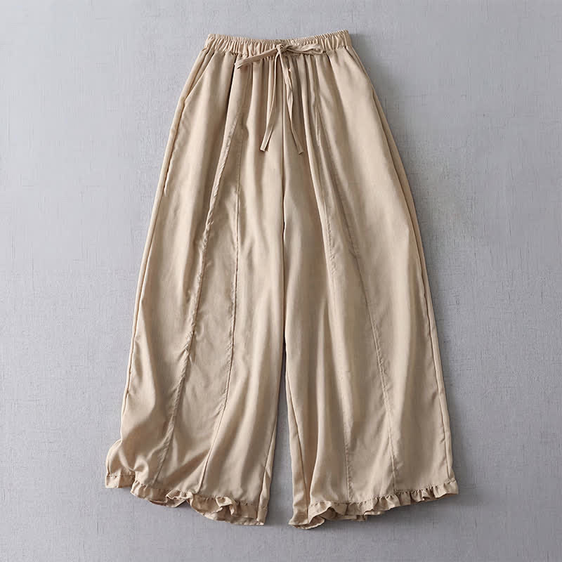 Buddha Stones Lässige, minimalistische, einfarbige Cropped-Hose mit Kordelzug und plissierten Bündchen für Damen – ideal für Frühling und Sommer. Weites Bein und Taschen. - Bräunen - US8-10, UK/AU12-14, EU40-42 (2XL) - image 0
