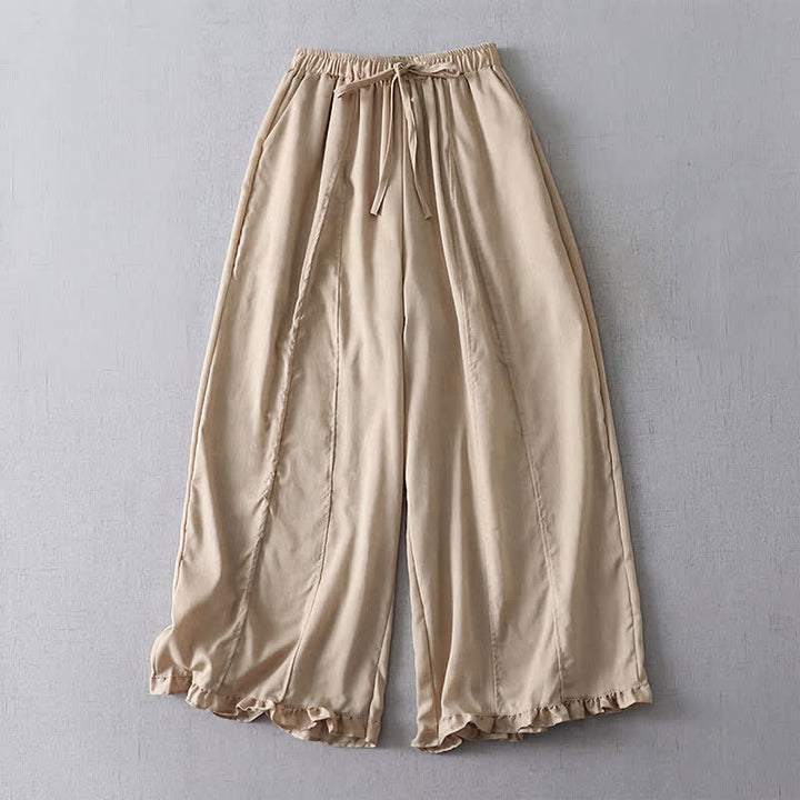 Buddha Stones Lässige, minimalistische, einfarbige Cropped-Hose mit Kordelzug und plissierten Bündchen für Damen – ideal für Frühling und Sommer. Weites Bein und Taschen. - Bräunen - US8-10, UK/AU12-14, EU40-42 (2XL) - image 0