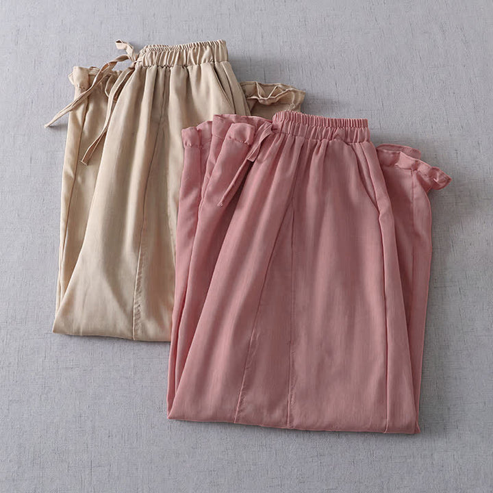 Buddha Stones Lässige, minimalistische, einfarbige Cropped-Hose mit Kordelzug und plissierten Bündchen für Damen – ideal für Frühling und Sommer. Weites Bein und Taschen. - image 8