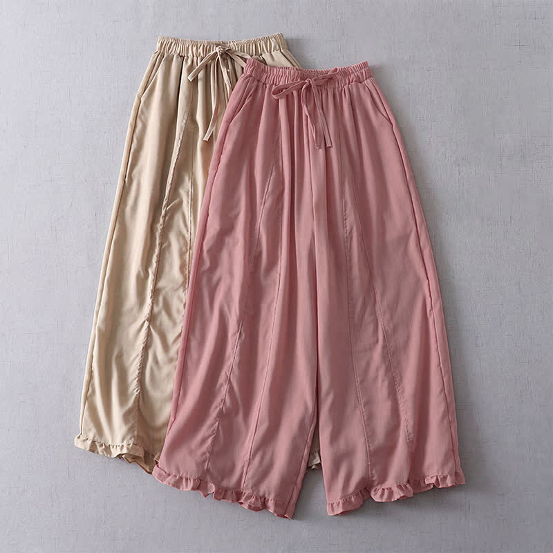 Buddha Stones Lässige, minimalistische, einfarbige Cropped-Hose mit Kordelzug und plissierten Bündchen für Damen – ideal für Frühling und Sommer. Weites Bein und Taschen. - image 7