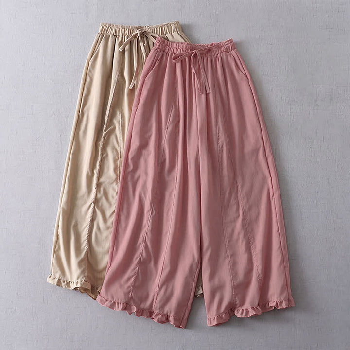 Buddha Stones Lässige, minimalistische, einfarbige Cropped-Hose mit Kordelzug und plissierten Bündchen für Damen – ideal für Frühling und Sommer. Weites Bein und Taschen. - image 7