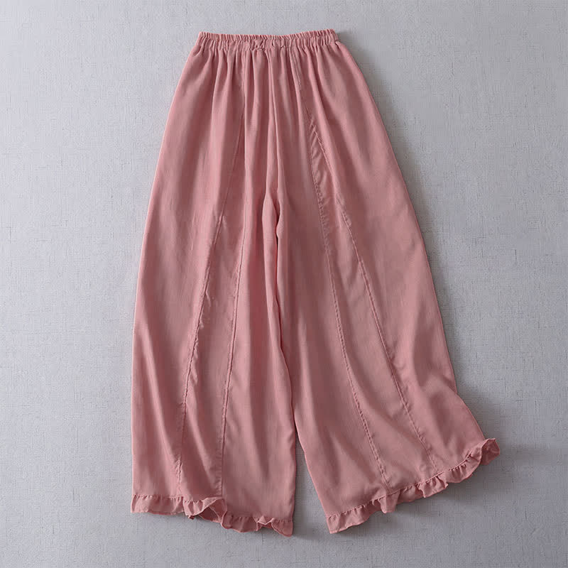 Buddha Stones Lässige, minimalistische, einfarbige Cropped-Hose mit Kordelzug und plissierten Bündchen für Damen – ideal für Frühling und Sommer. Weites Bein und Taschen. - image 2