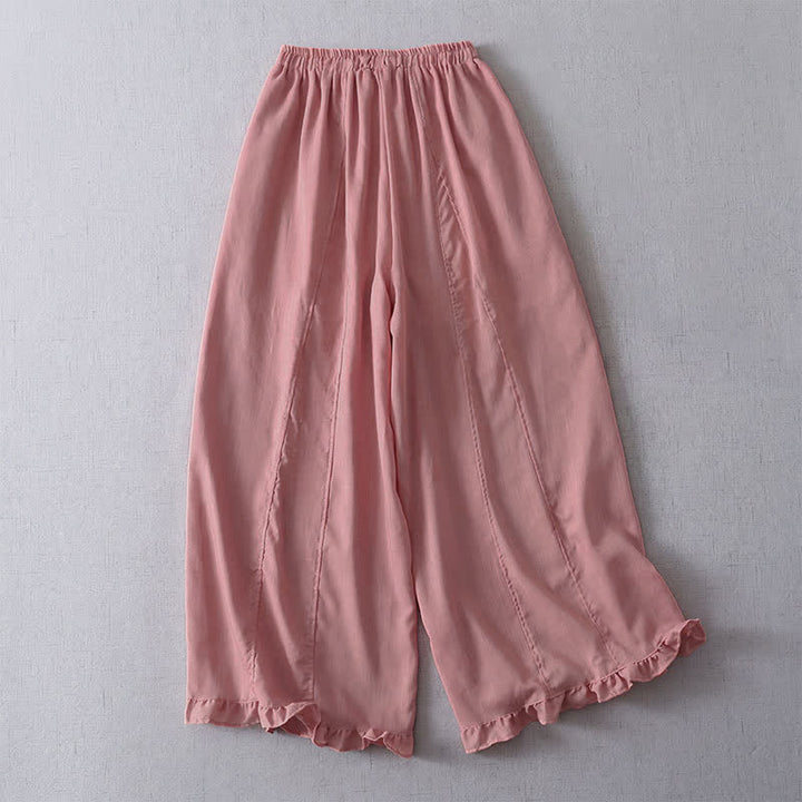 Buddha Stones Lässige, minimalistische, einfarbige Cropped-Hose mit Kordelzug und plissierten Bündchen für Damen – ideal für Frühling und Sommer. Weites Bein und Taschen. - image 2