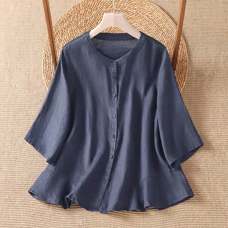 Buddha Stones Lässiges, minimalistisches Sommerhemd mit Knopfleiste und ellbogenlangen Ärmeln für Damen – einfarbig. - Mitternachtsblau - US8-10, UK/AU12-14, EU40-42 (2XL) - image 3