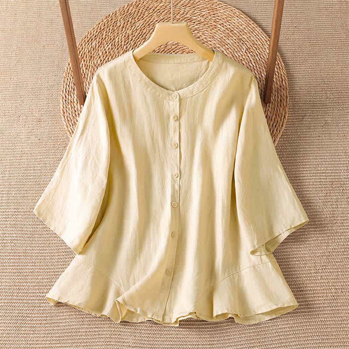 Buddha Stones Lässiges, minimalistisches Sommerhemd mit Knopfleiste und ellbogenlangen Ärmeln für Damen – einfarbig. - Beige - US8-10, UK/AU12-14, EU40-42 (2XL) - image 6